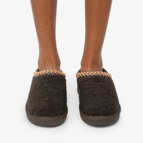 Cozy Brown Teddy Fleece Clog Slippers w/ Woven Trim - Picture 3 of 4